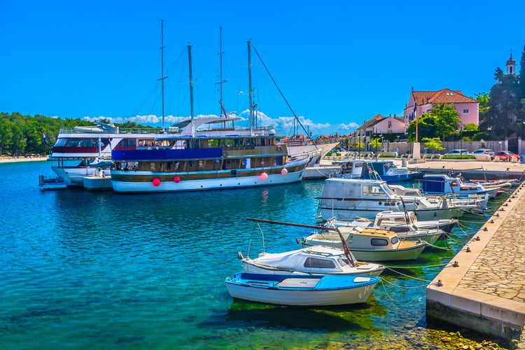 Scenic view at marble marina in Starigrad ancient roman town, Hvar island tourist resort. / Selective focus.