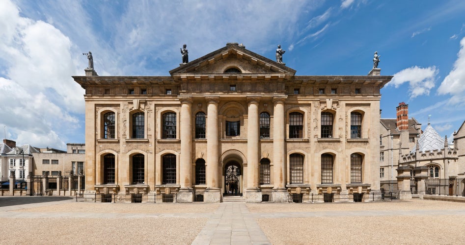 A perspective corrected view of the South face of the Clarendon Building in Oxford, England.