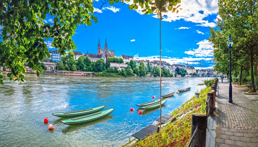 Photo of river green waterfront in town of Basel, Northwestern Switzerland.