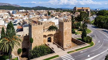 Aerial view with Sant Pere beach of Alcudia, Mallorca island, Spain.