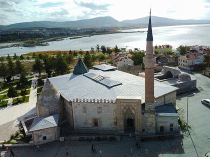 photo of aerial view of Eşrefoğlu Mosque in Beyşehir, Konya Province, Turkey.