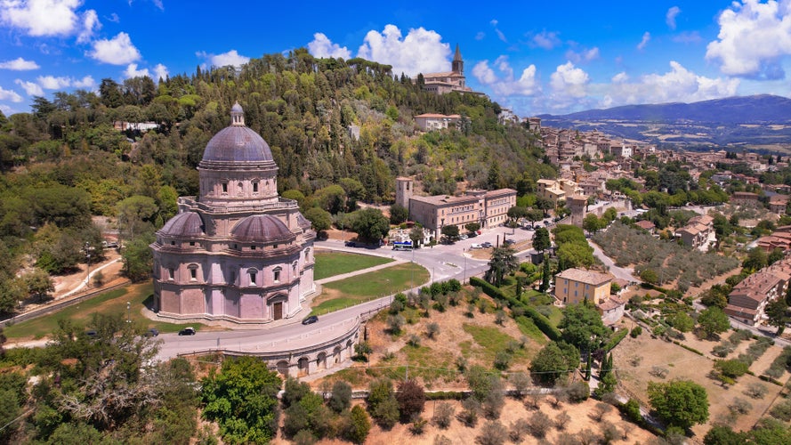 Photo of aerial veiw of famous Basilica Consolazione ,Todi medieval historic town of Umbria in Perugia province, Italy .