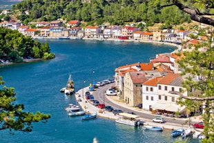 Photo of aerial view of town of Rovinj historic peninsula , famous tourist destination in Istria region of Croatia.