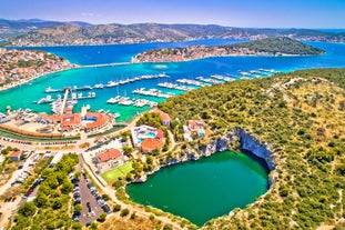 Photo of Rogoznica turquoise bay and Dragon Eye lake aerial view, Dalmatia region of Croatia.