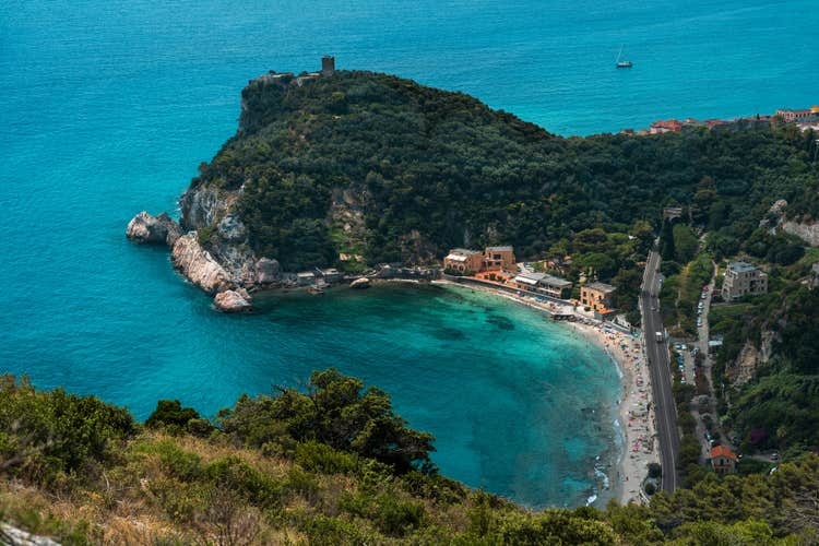 The beach of Finale Ligure seen from a scenic trial on the hills