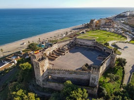 Photo of aerial panoramic view of Fuengirola city beach and marina, Fuengirola is a city on the Costa del Sol in the province of Malaga in the Andalusia, Spain.