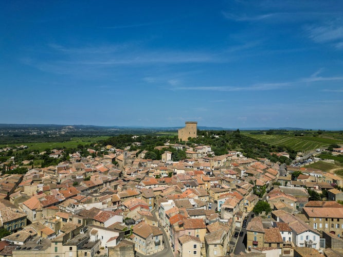 Photo of Aerial image of the commune of Chateauneuf-du-Pape, Vaucluse department, France.