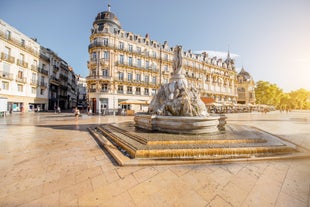 Photo of aerial view of Triumphal Arch or Arc de Triomphe in Montpellier city in France.