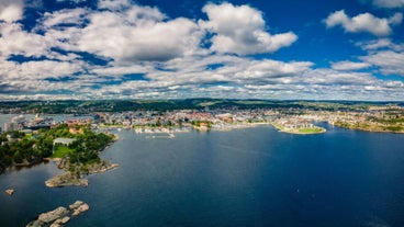 Photo of aerial view of the city of Larvik in Norway.