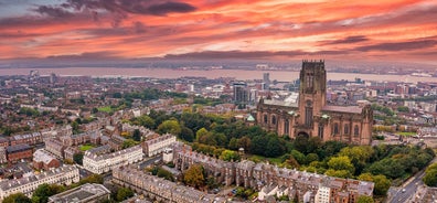 Aerial drone view of Manchester city in UK on a beautiful sunny day.