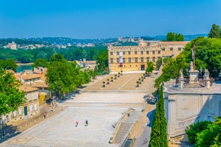 Photo of Nimes Arena aerial panoramic view. Nimes is a city in the Occitanie region of southern France.