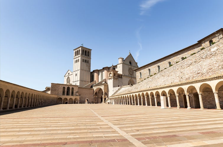 photo of view of Religious Architecture of The Basilica of Saint Francis of Assisi (Basilica di San Francesco d’Assisi) in Umbria, Perugia Province, Italy. (Part I).