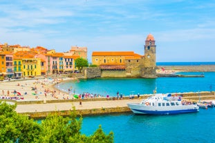 Photo of aerial view of Collioure, beautiful coastal village in the south of France.