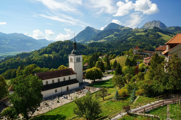 photo of view of Saint-Théodule Church in Gruyères Swiss Alps, Switzerland.