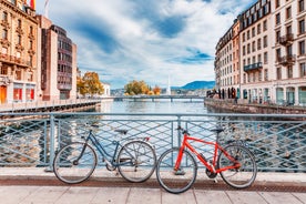 View of the Old Town of Basel with red stone Munster cathedral and the Rhine river, Switzerland.