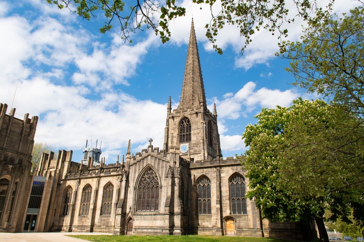 Panoramic view of Sheffield cathedral from Church Street, Sheffield, South Yorkshire, UK on 24 July 2023