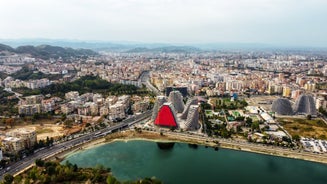 Panoramic view of Skopje town with Vodno hill in the background.