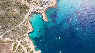 photo of an aerial view of Sant Antoni de Portmany in Ibiza islands, Spain.