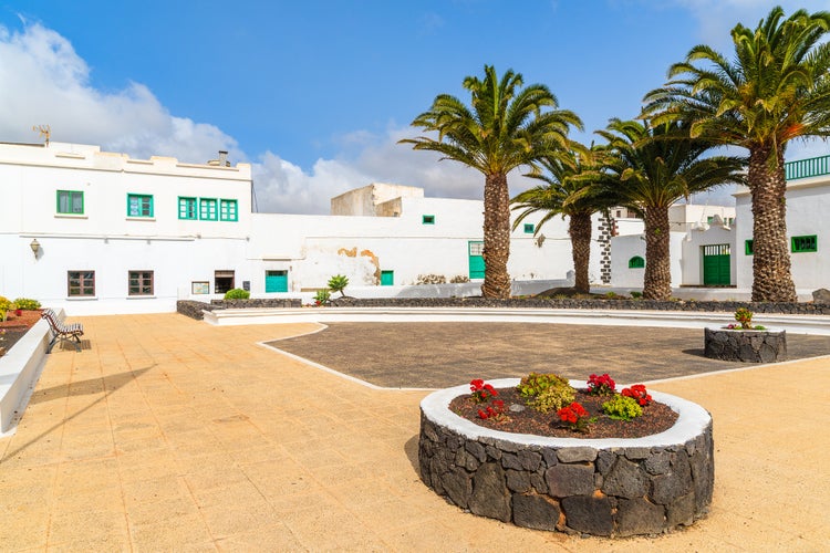 Typical Canarian architecture in Costa Teguise town on Lanzarote island, Spain