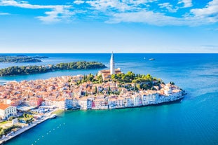 Photo of Town of aerial view of Rovinj historic peninsula, famous tourist destination in Istria region of Croatia.