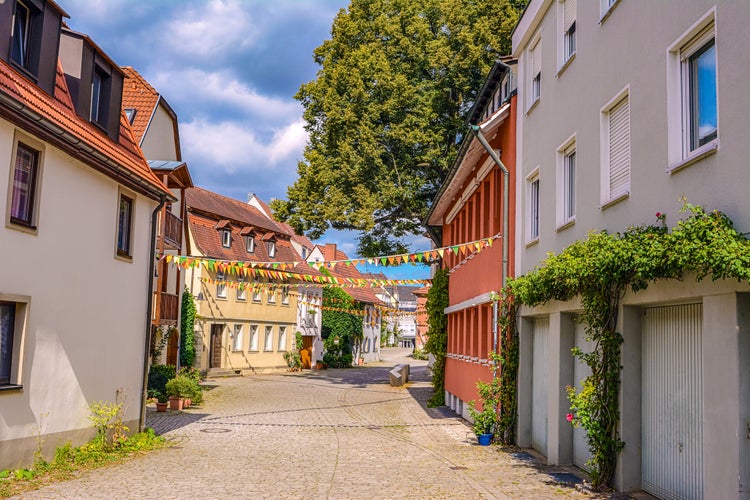 view of the festively decorated streets of Schweinfurt Germany