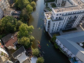 Photo of aerial view of the new town hall and the Johannapark at Leipzig, Germany.