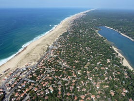 photo of an aerial view above Saint-Jean-de-Luz is a fishing town at the mouth of the Nivelle river, in southwest France’s Basque country. 