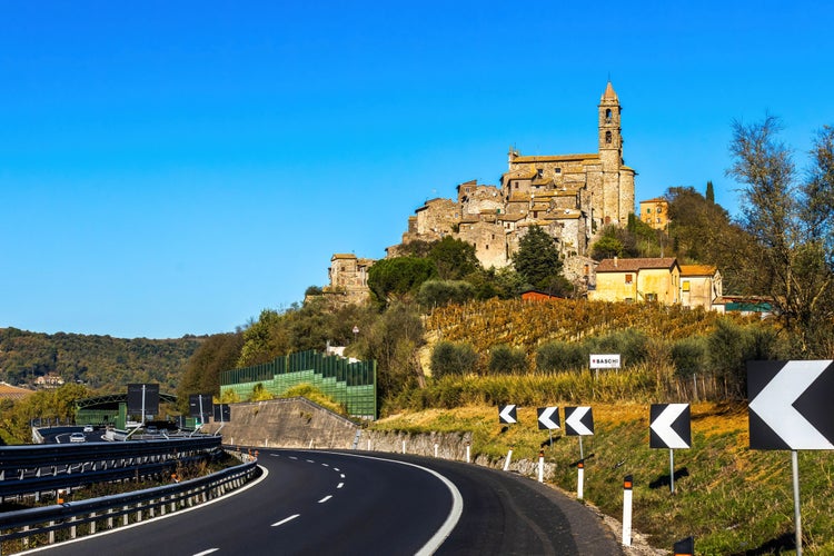 Beautiful view of church of Baschi town in Terni Italy at sunrise