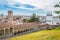 Aerial view of Udine with an arcade leading to the castle, Italy.