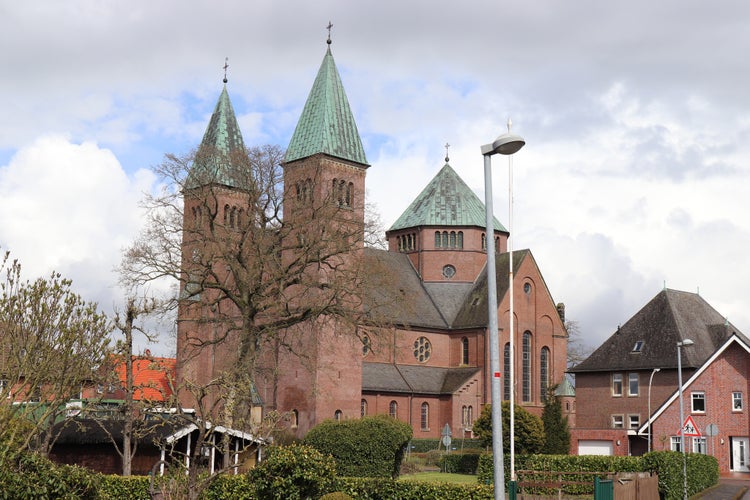 Photo  of the neo-romanesque brick church of st nicholas in rhede, Germany.