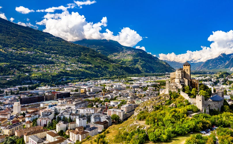 Aerial view of the Valere Basilica in Sion - the canton of Valais, Switzerland