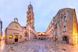 Photo of aerial view of Stobrec popular touristic destination on Adriatic sea, suburb of city of Split, Croatia.