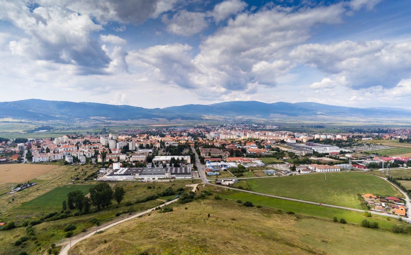 Photo of aerial panoramic view of Miercurea Ciuc in Romania.