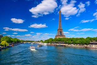 Paris, France. Panoramic view from Arc de Triomphe. Eiffel Tower and Avenue des Champs Elysees. Europe.