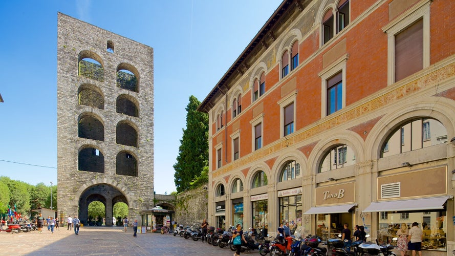 Como city, historic center, lake Como, northern Italy. Medieval tower (12th century), called Porta Torre and via Cantù