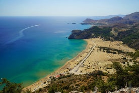 Photo of panoramic aerial view of Lindos bay, village and Acropolis, Rhodes, Greece.