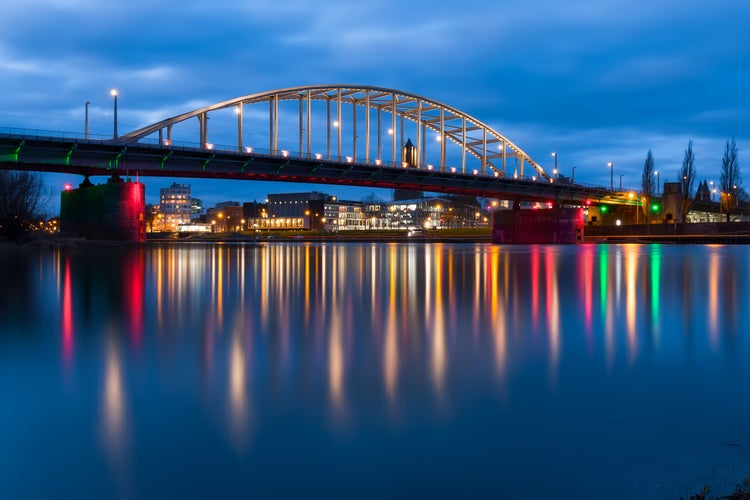 Arnhem John Frost Bridge with reflecting water, long exposure during the blue hour