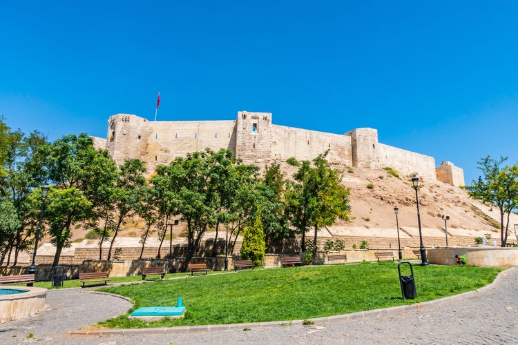 Photo of Gaziantep Kalesi Castle Breathtaking Picturesque Frontal View on a Blue Sky Day in Summer, Turkey.