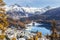 photo of St. Moritz, the famous resort region for winter sport, from the high hill in Switzerland.