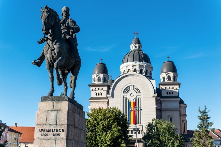 Ascension of the Lord Cathedral and Avram Iancu statue in the centre of Targu Mures, Romania.