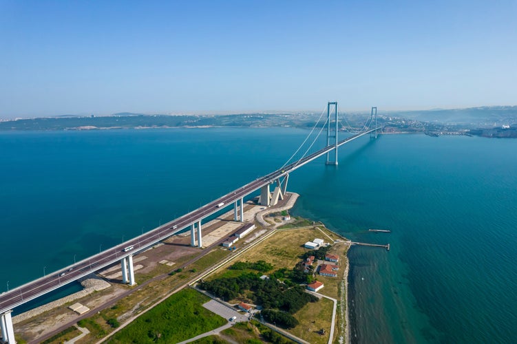 Osmangazi Bridge (Izmit Bay Bridge). IZMIT, KOCAELI, TURKEY. Aerial shot with drone.