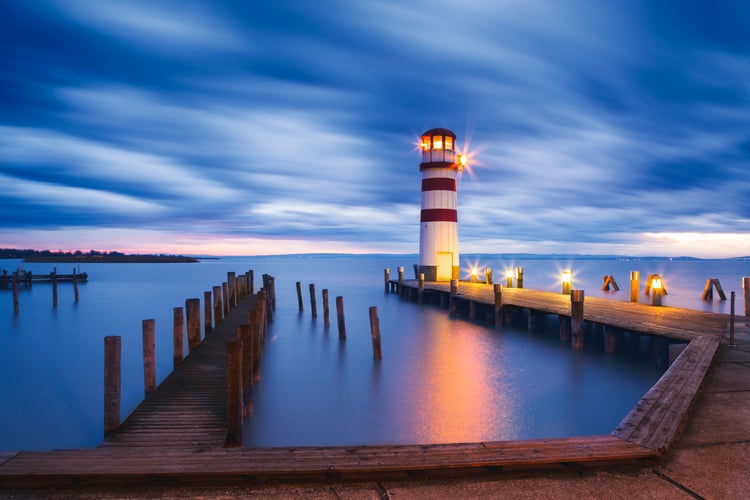 Lighthouse at Lake Neusiedl (Podersdorf am See) at sunset, Burgenland, Austria