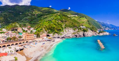 Photo of aerial view of Levanto or Levante, a beautiful fishing village in Liguria, Italy.