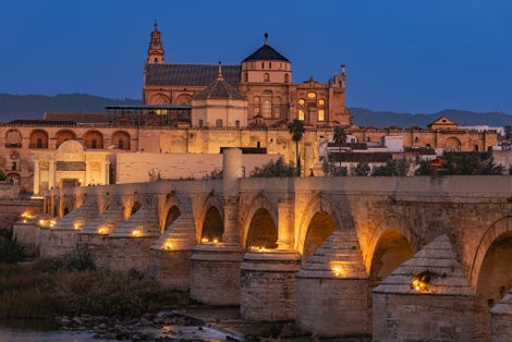 Photo of Mosque cathedral of Córdoba and the Roman bridge at dawn and with artificial lighting.