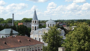 Photo of aerial view of Ukmerge city in Lithuania.