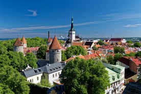 Scenic summer view of the Old Town and sea port harbor in Tallinn, Estonia.