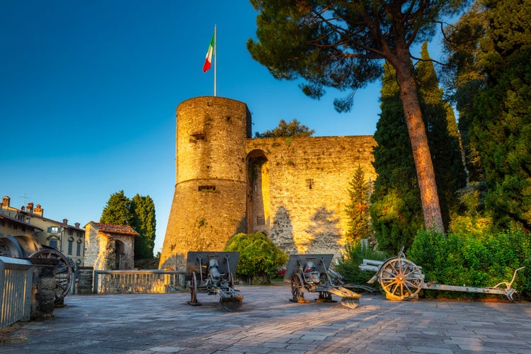 Cannon at the castle in Bergamo at sunrise, Italy.