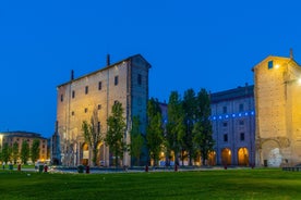 Photo of panorama of Parma cathedral with Baptistery leaning tower on the central square in Parma town in Italy.