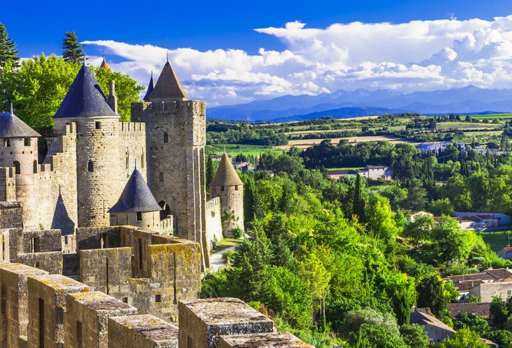 Photo of Carcassonne biggest medieval castle and walled town in Europe, France.