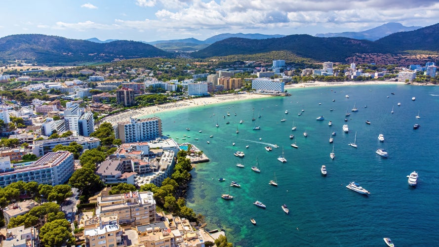 Aerial view of the beach of Son Matias in Magaluf, a seaside resort town on Majorca in the Balearic Islands, Spain